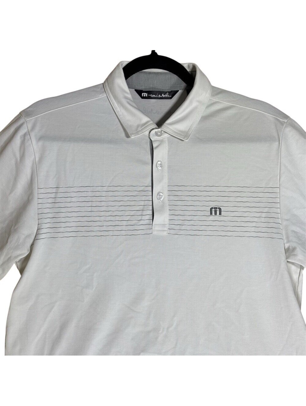 TravisMathew Polo Shirt Mens M White Gray Chest Stripe Golf Short Sleeve